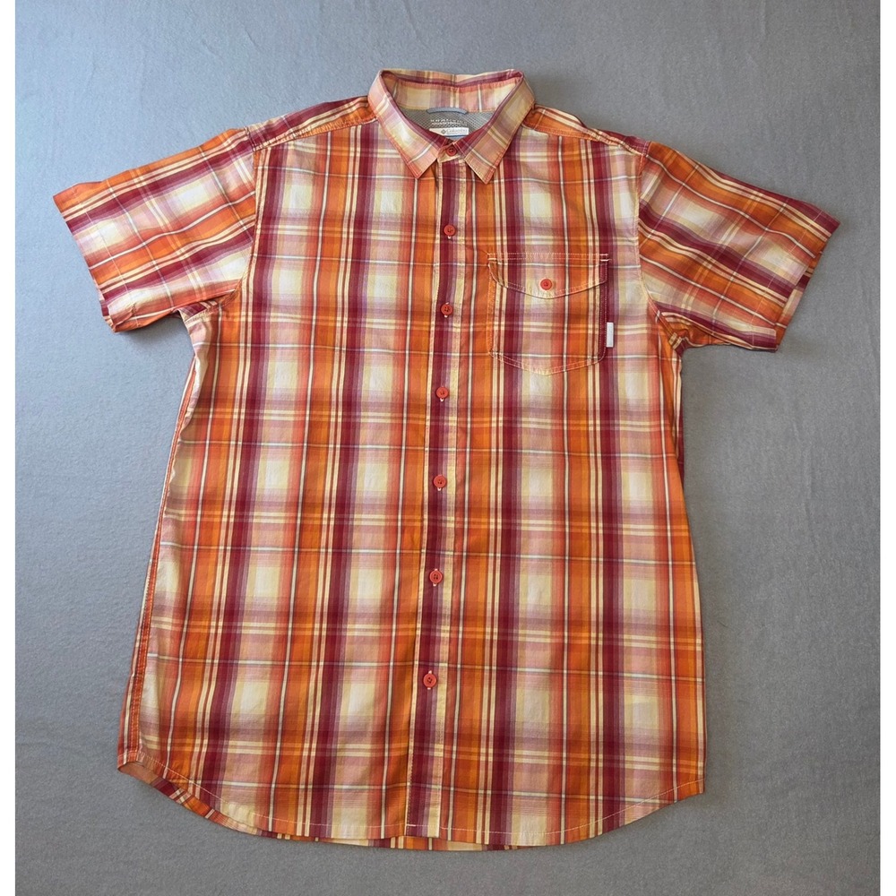 Columbia Omni-Wick Men's Medium Short Sleeve Button Down Shirt Orange Red Plaid